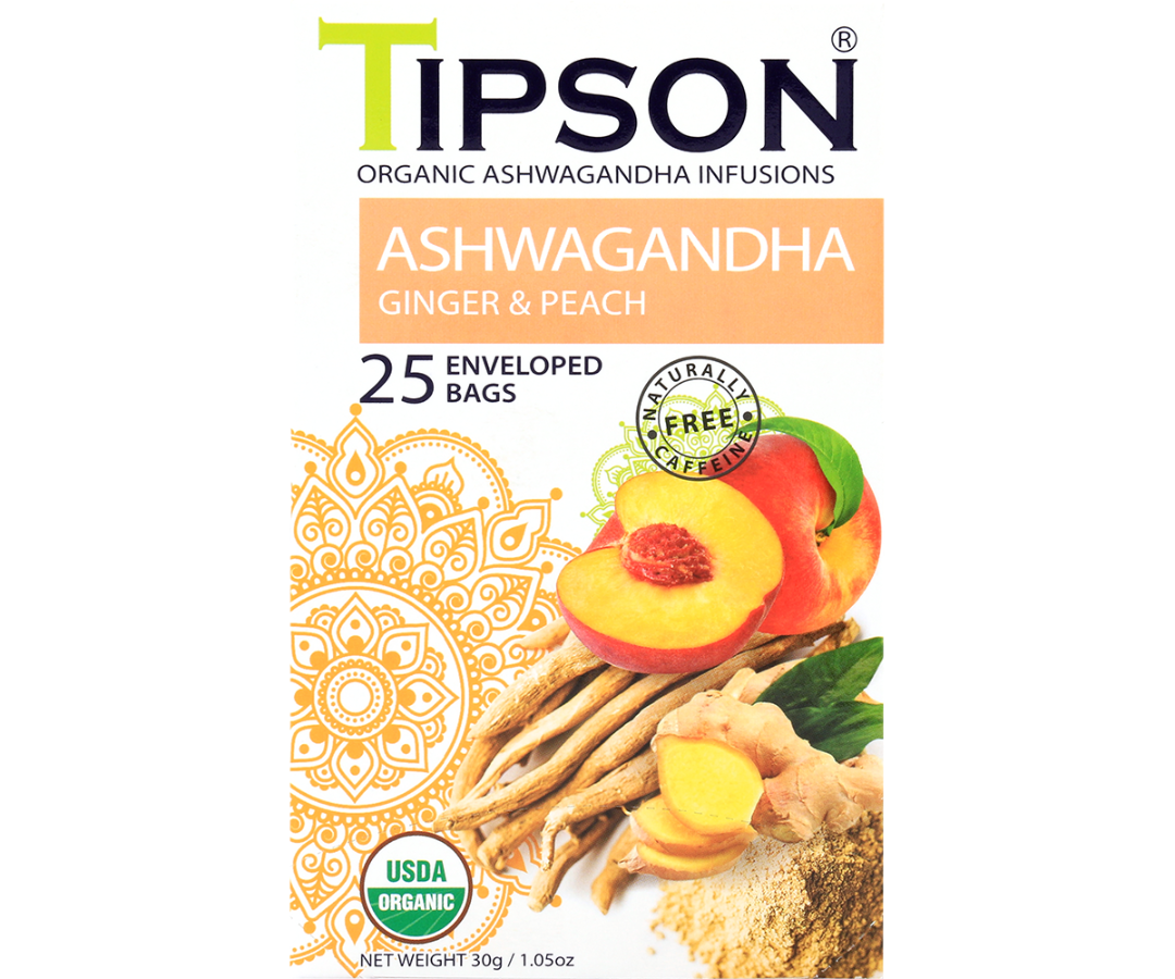 Organic Ashwagandha With Ginger & Peach - 25 Enveloped Tea Bags
